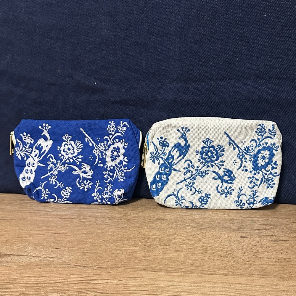 2 KLM Blue and Cream Floral Embroidered amenity kit pouches